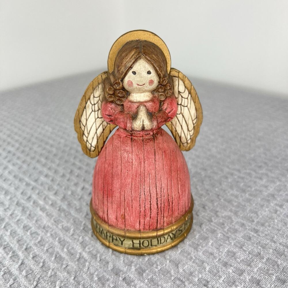 Vintage 1980 Christmas Angel Bell Figurine Happy Holidays Joy To The World 5.5in